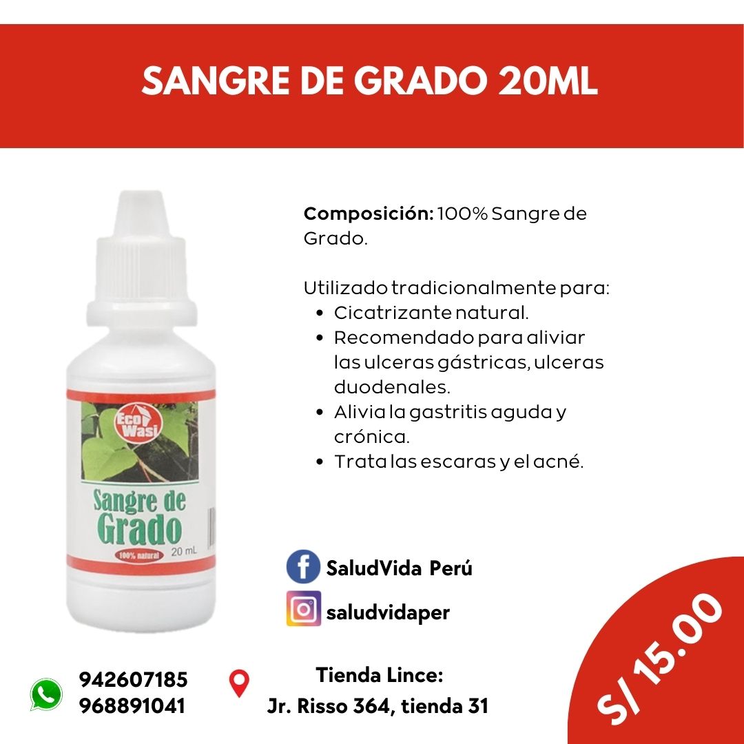 SANGRE DE GRADO 20ML | Cicatrizante natural, Úlceras gástricas, Gastritis. - Salud Vida Peru