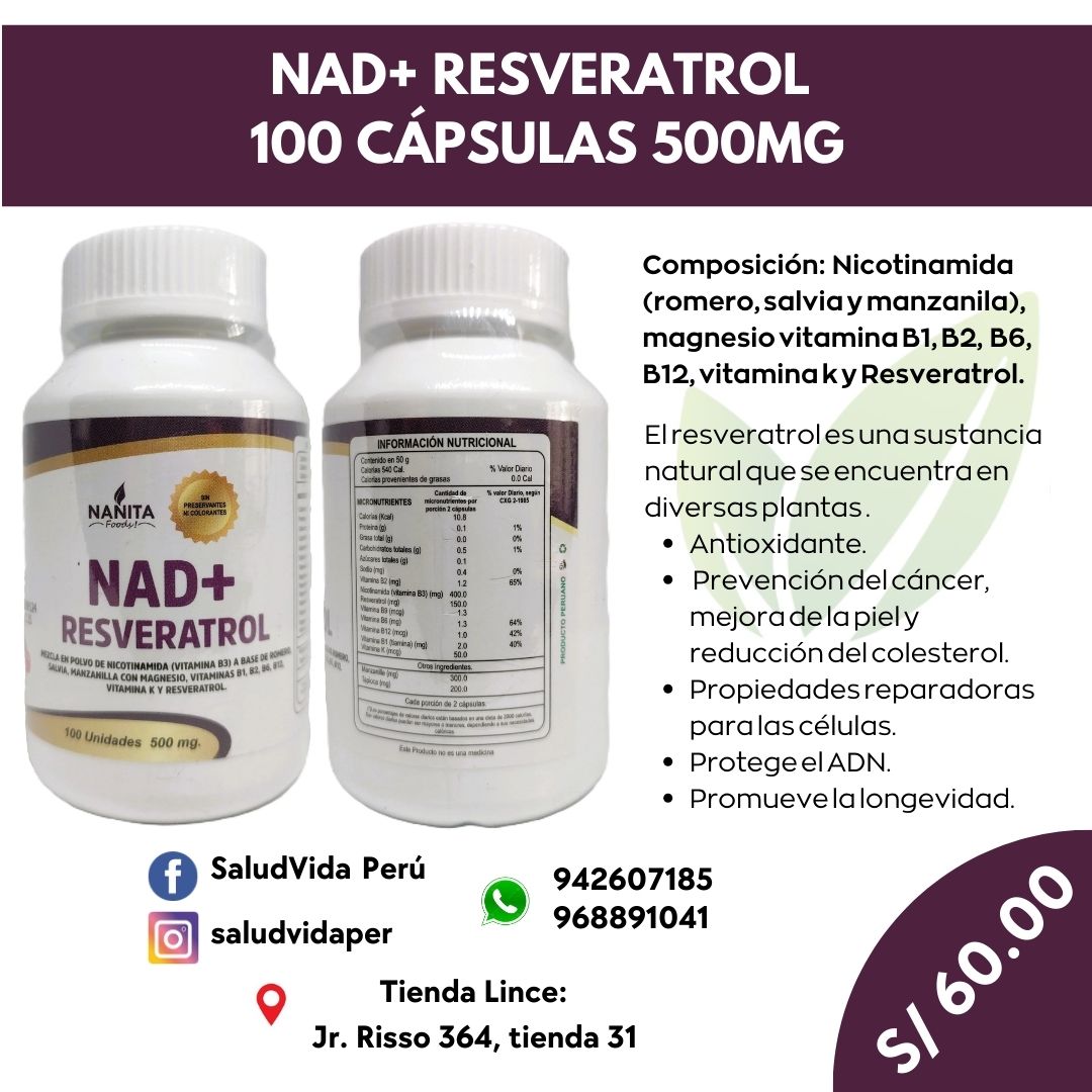 NAD+ RESVERATROL 100 CÁPSULAS 500MG | Longevidad, memoria, salud general. - Salud Vida Peru