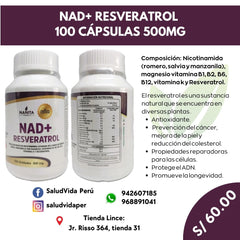 NAD+ RESVERATROL 100 CÁPSULAS 500MG | Longevidad, memoria, salud general. - Salud Vida Peru