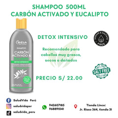 Shampoo carbón activado y eucalipto sin sal ni sulfatos (cabello graso) | 500 ml - Salud Vida Peru