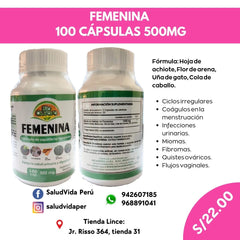 FEMENINA 100 CÁPSULAS 500MG | Menstruación, Infecciones urinarias, Miomas, Quistes.