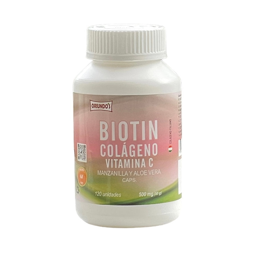 Biotin con Colágeno, Vitamina C, Manzanilla y Aloe Vera 500mg. 120 cáps. - Salud Vida Peru
