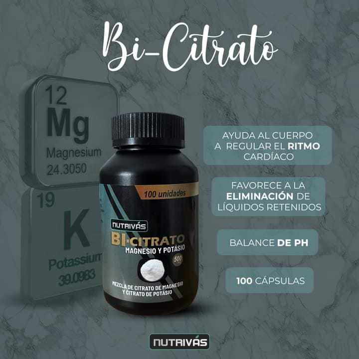 BI-CITRATO (CITRATO DE MAGNESIO Y CITRATO DE POTASIO) 100 CÁPSULAS 500MG - Salud Vida Peru