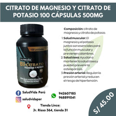 BI-CITRATO (CITRATO DE MAGNESIO Y CITRATO DE POTASIO) 100 CÁPSULAS 500MG - Salud Vida Peru