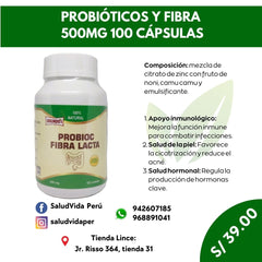PROBIÓTICO Y FIBRA LACTA 100 CÁPSULAS 500MG | Estreñimiento, Hinchazón, Metabolismo.