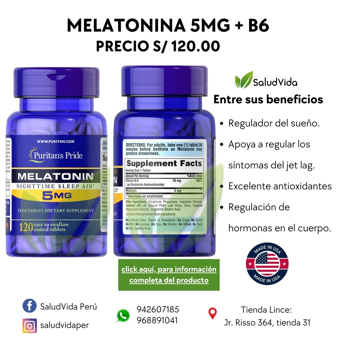 MELATONINA 5MG + B6, 120 TABLETAS RECUBIERTAS | Sueño, Antioxidante, Pérdida de peso. - Salud Vida Peru
