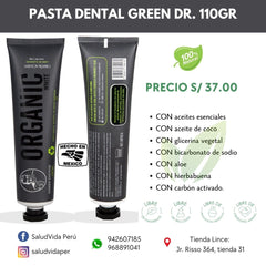 Pasta Dental Natural de Carbón Activado 110g. Sin Flúor Green Doctor Vence 08/26