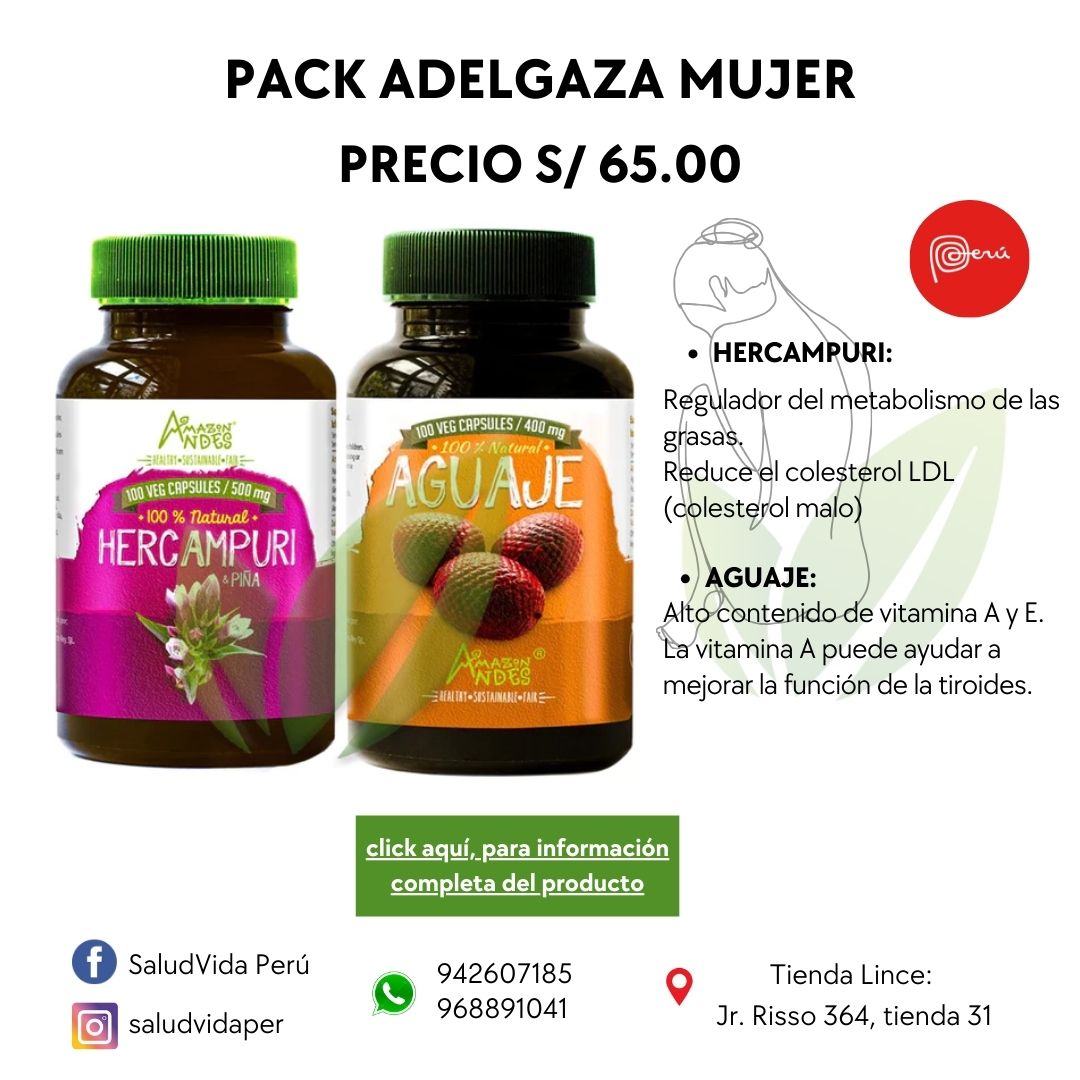 Pack Adelgaza Mujer: Aguaje (400 mg x 100 caps) + Hercampuri & Piña (500 mg x 100 caps) - Salud Vida Peru