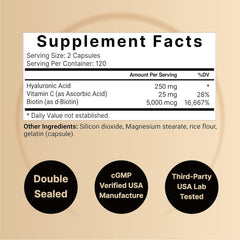 Ácido hialurónico premium + vitamina C | 250 mg p/s | 200 cápsulas