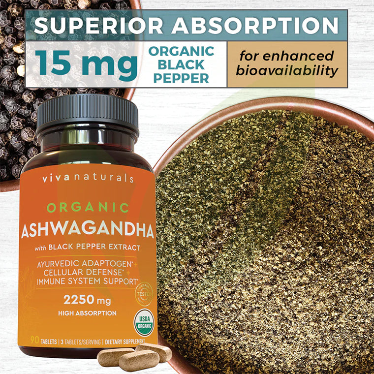 Ashwagandha orgánica + extracto de pimienta negra  2250 mg p/s | 90 tabletas | Expira 10/24