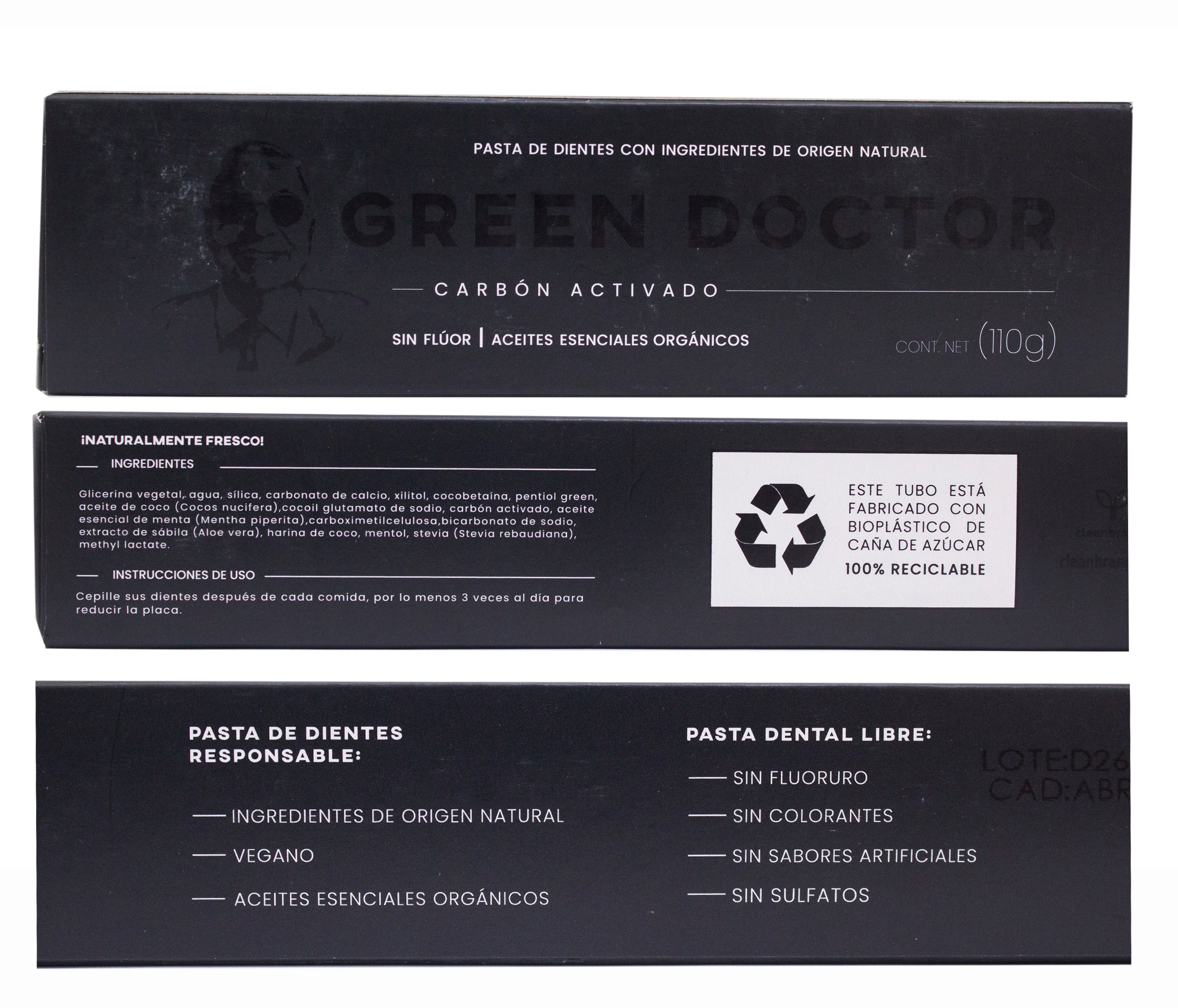 Pasta Dental Natural de Carbón Activado 110g. Sin Flúor Green Doctor - Salud Vida Peru