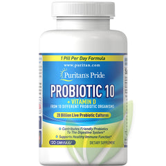 Probiótico 10 (20 mil millones de cultivos vivos) + vitamina D | 120 cápsulas