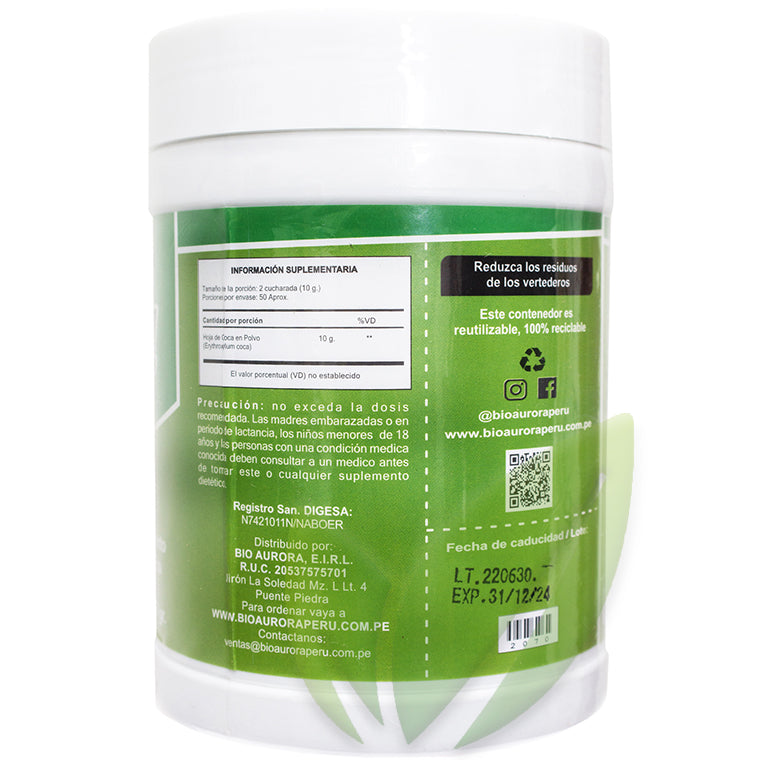 COCA HOJAS HARINA 500GRS POTE | Energizante, Huesos, Digestivo, Artritis, Estrés. - Salud Vida Peru