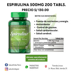 Spirulina 500 mg | 200 tabletas | Expira 10/25