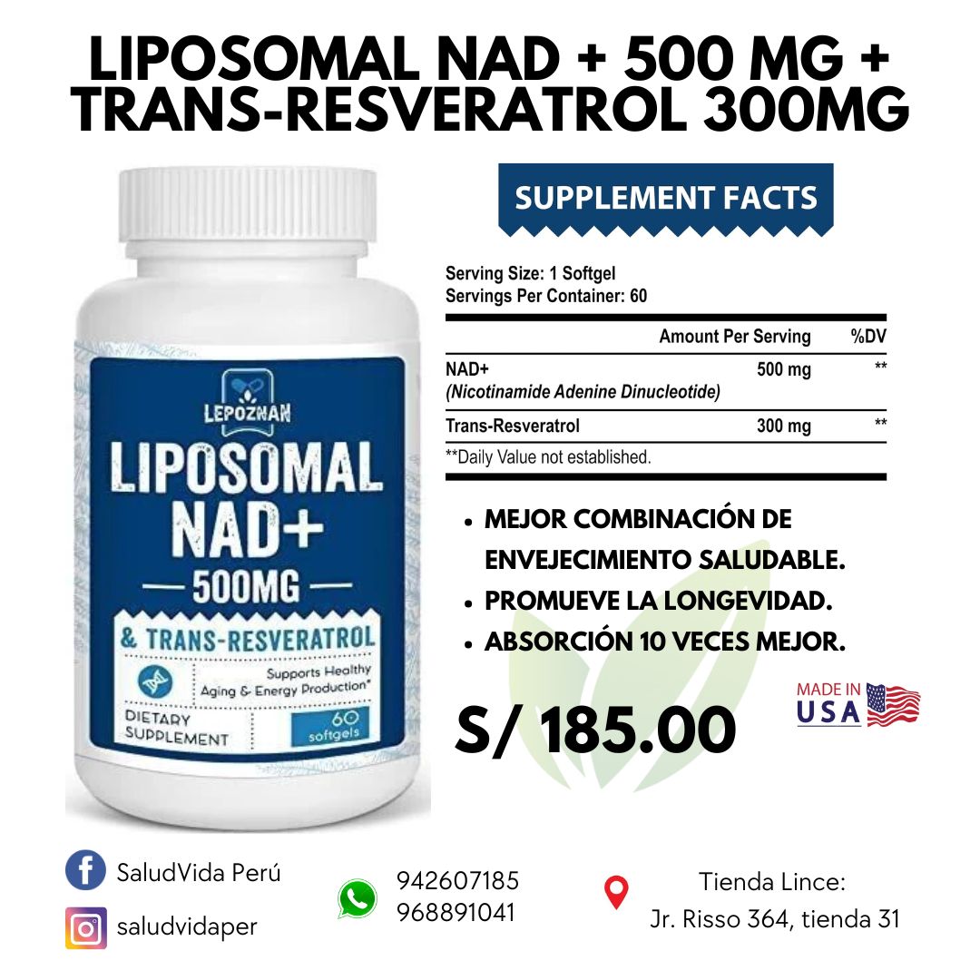 NAD+ 500MG + TRANS-RESVERATROL 300MG ABSORCIÓN SUPERIOR | Longevidad.