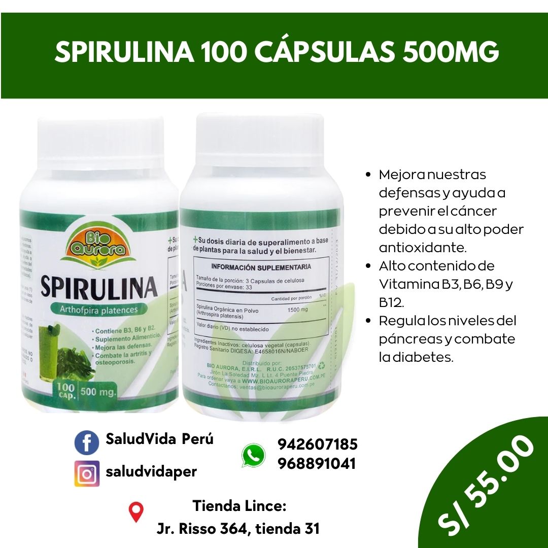 Spirulina 500 mg.  100 cápsulas
