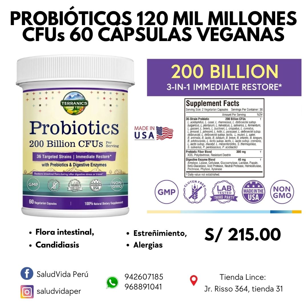 PROBIÓTICOS 200 billones  CFUs 60 CÁPSULAS VEGANAS | Flora intestinal, Candidiasis, Estreñimiento, Alergias.