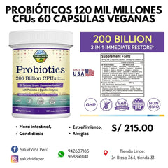 PROBIÓTICOS 200 billones  CFUs 60 CÁPSULAS VEGANAS | Flora intestinal, Candidiasis, Estreñimiento, Alergias.