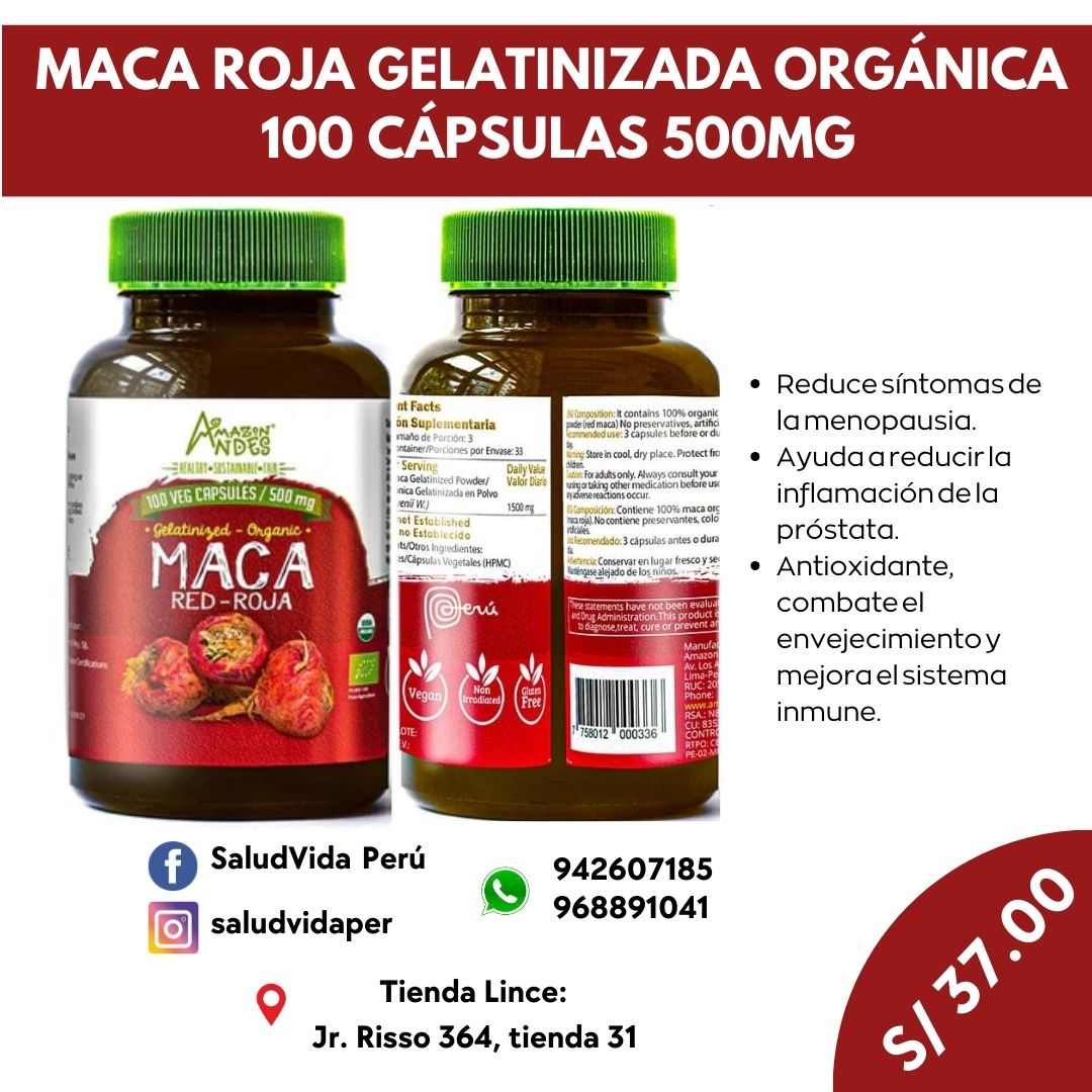 Maca roja orgánica 500 mg  100 cápsulas veg. c/u)