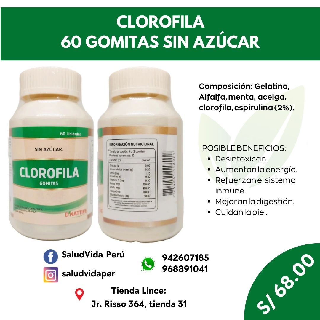 CLOROFILA 60 GOMITAS SIN AZÚCAR PARA ADULTOS | Mal aliento, Energía, Digestión.