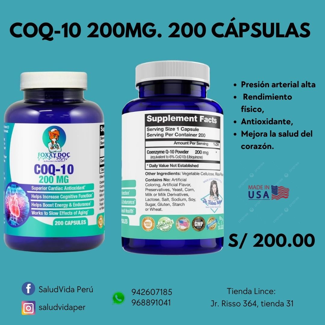 COQ-10 200MG. 200 CÁPSULAS | Presión arterial alta , Rendimiento físico, Antioxidante.