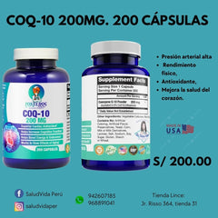 COQ-10 200MG. 200 CÁPSULAS | Presión arterial alta , Rendimiento físico, Antioxidante.