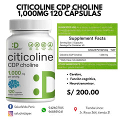 CITICOLINE CDP CHOLINE 1,000MG 120 CÁPSULAS | Cerebro, Función cognitiva, Neurotransmisor.