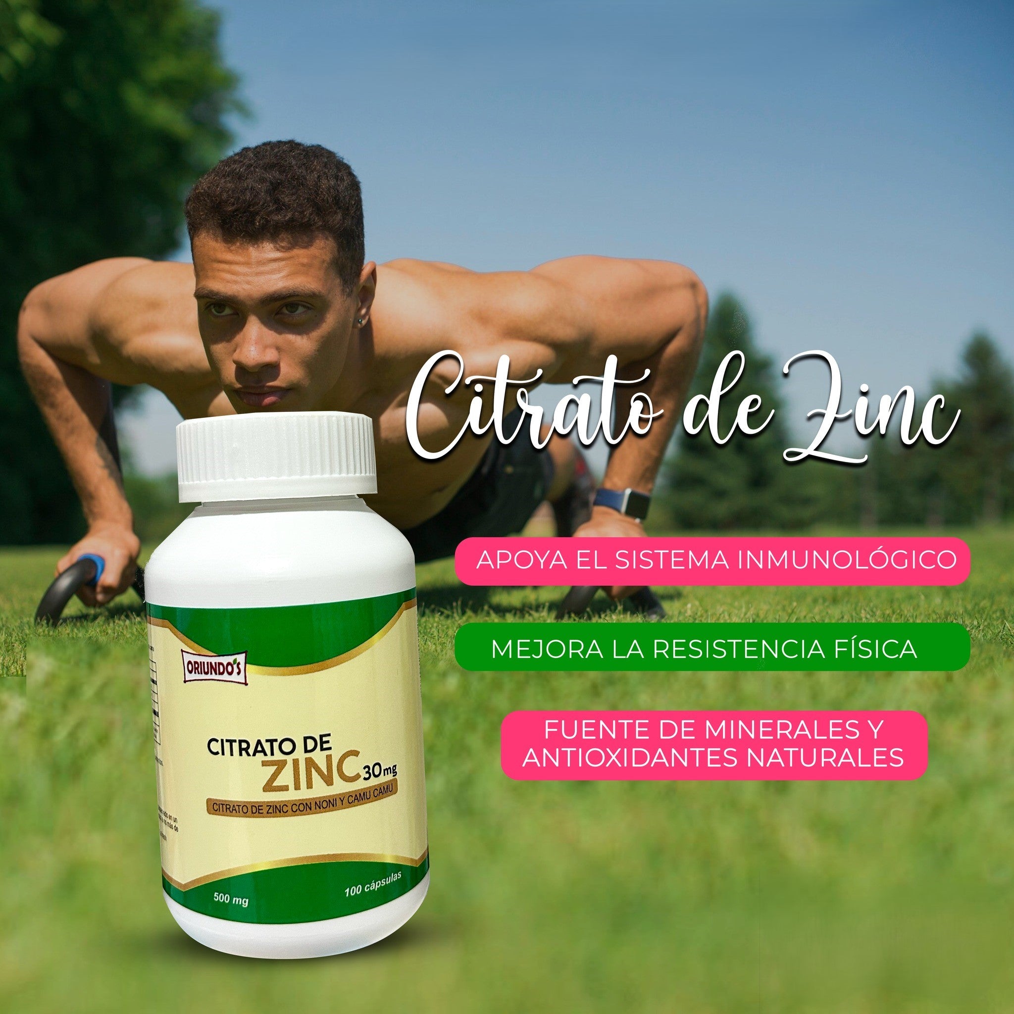 CITRATO DE ZINC 30MG 100 CÁPSULAS | Apoyo inmunológico, Cicatrices, Acné, Cabello, Antioxidante.