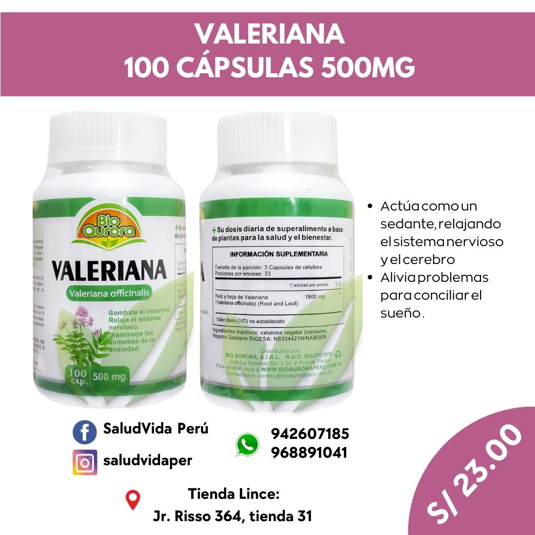 Valeriana 500mg.  100 cápsulas -  Insomnio y depresiòn.