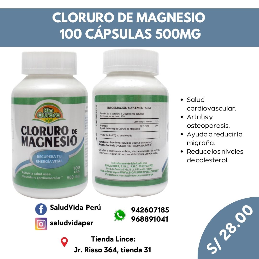Cloruro De Magnesio 500mg.  100 cápsulas