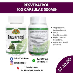 Resveratrol 500mg.  100 cápsulas -