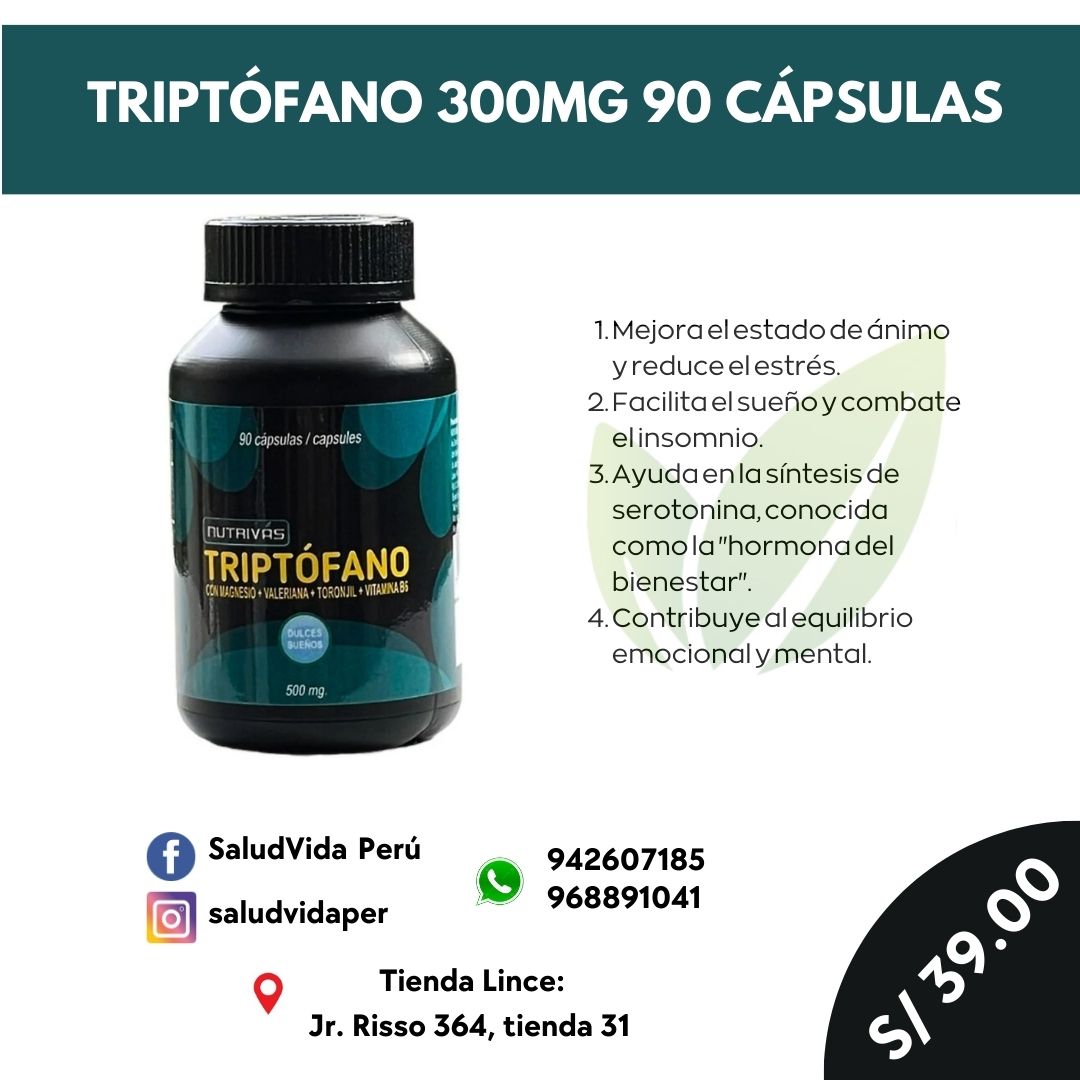 TRIPTÓFANO 300MG 90 CÁPSULAS | Estrés, Sueño, Insomnio, Serotonina, Ansiedad, Depresión.