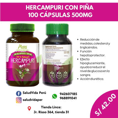 HERCAMPURI CON PIÑA 100 CÁPSULAS 500MG | Hígado, Indigestión, Acidez estomacal, Pérdida de peso, Diabetes.