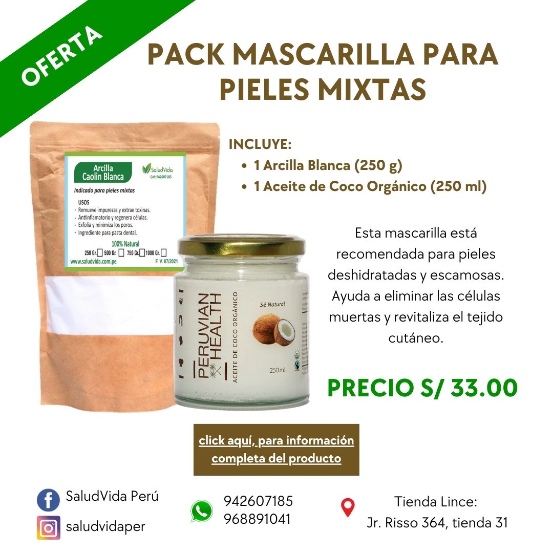 Pack mascarilla para pieles mixtas- 1 Arcilla Blanca (250 g) + 1 Aceite de Coco Orgánico (250 ml)