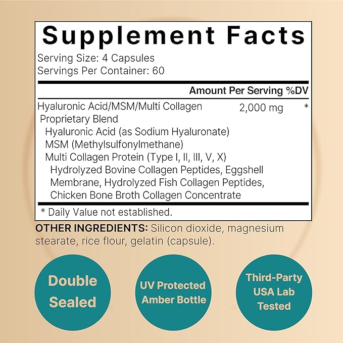 Ácido Hialurónico con multi colágeno y MSM 240 cápsulas 2,000mg