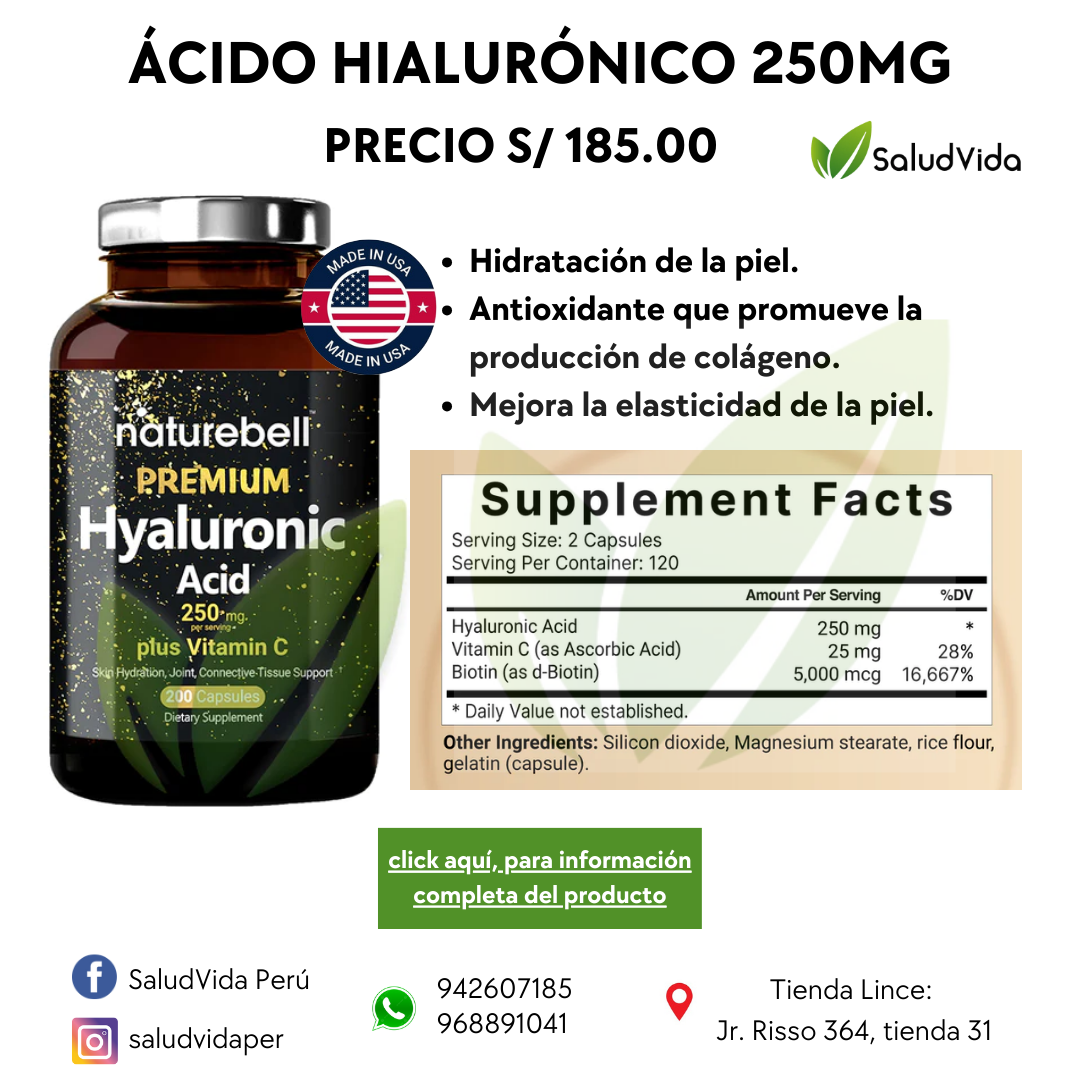 Ácido hialurónico premium + vitamina C | 250 mg p/s | 200 cápsulas