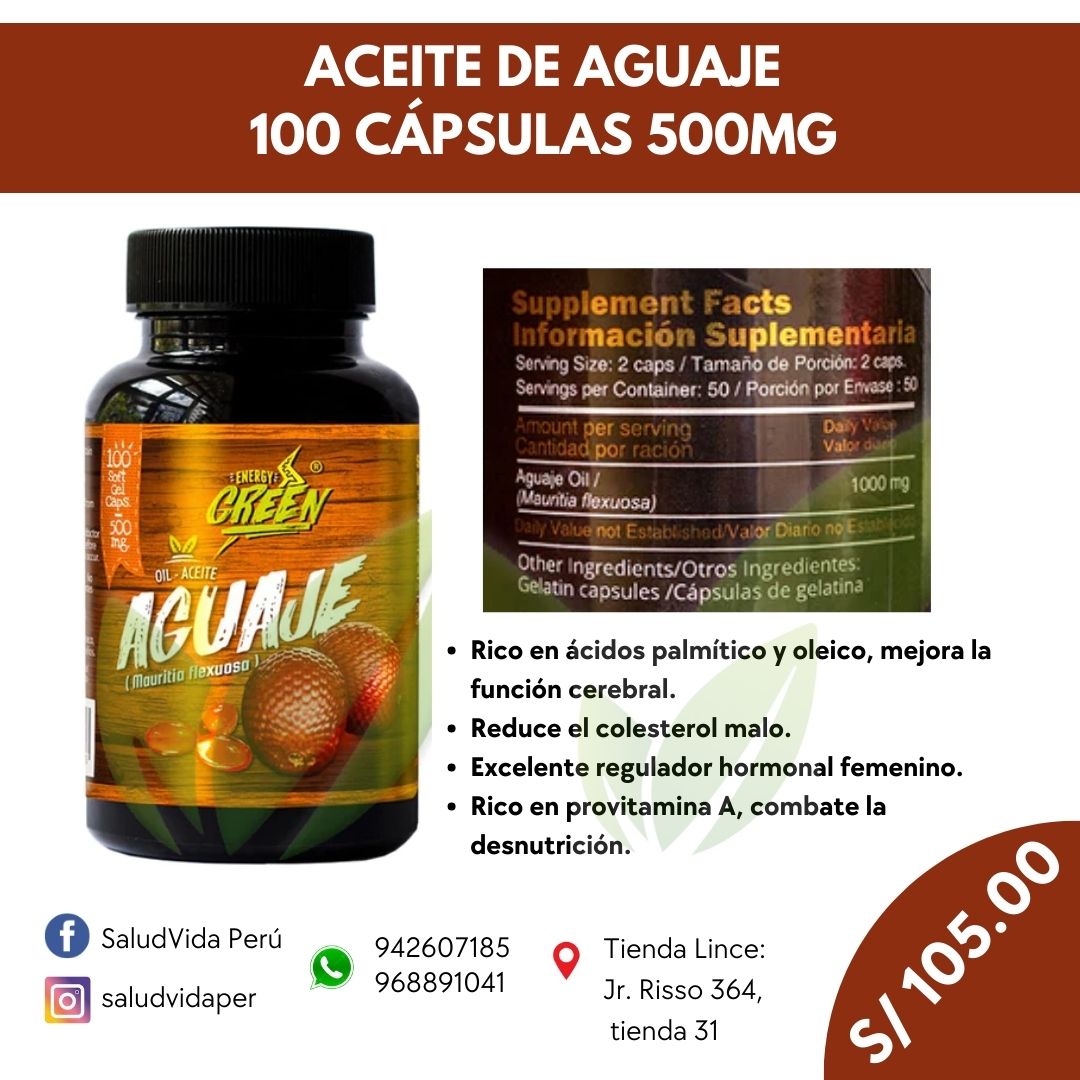 Aguaje aceite premium en cápsulas 500 mg | 100 cápsulas blandas - Salud Vida Peru