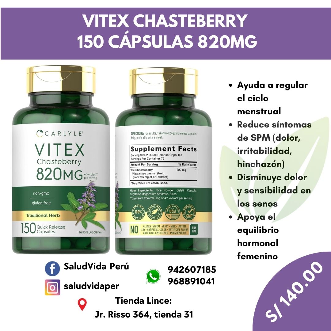 VITEX CHASTEBERRY 150 CÁPSULAS 820MG | Equilibrio hormonal, Menstruación, Fertilidad, Menopausia, Acné Hormonal.