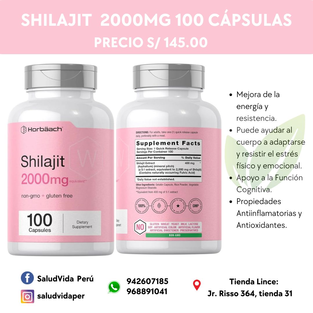 SHILAJIT 2,000MG (equivalente) 100 CÁPSULAS | Antioxidante, Articulaciones, Fertilidad, Testosterona, Desintoxicante.