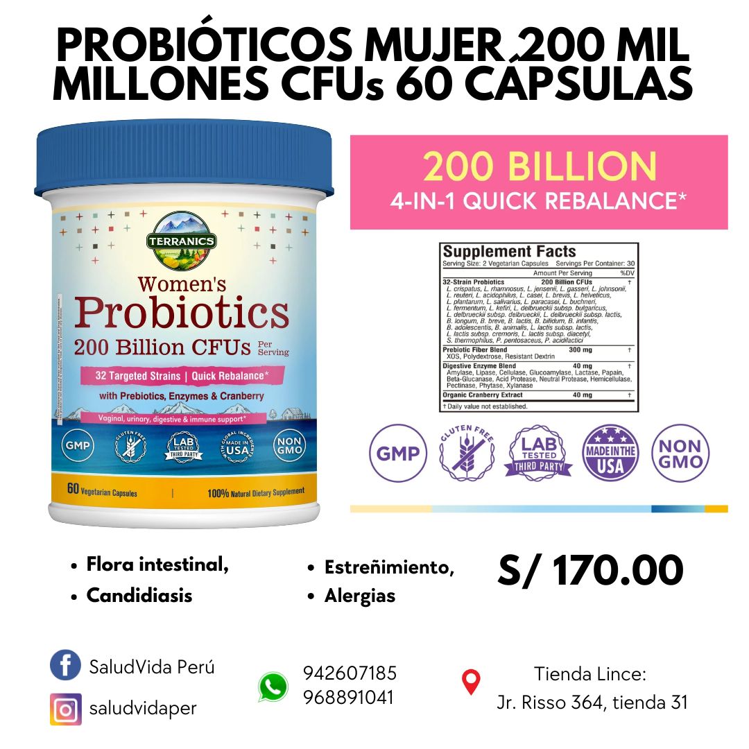 PROBIÓTICOS MUJER 200 billones  CFUs 60 CÁPSULAS VEGANAS | Flora intestinal, Candidiasis, Estreñimiento, Alergias.