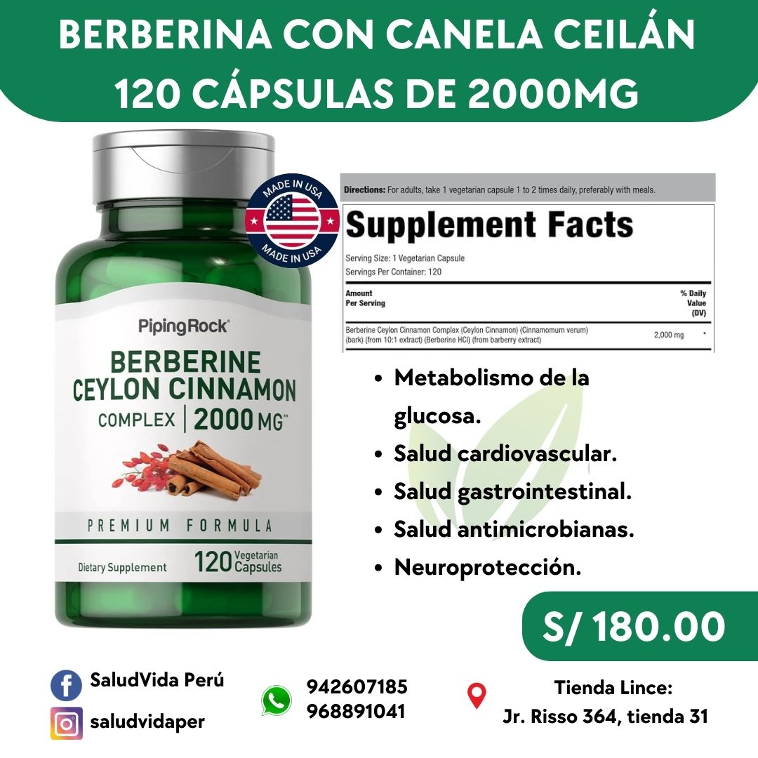 Berberina con canela Ceilán 2,000 mg | 120 cápsulas