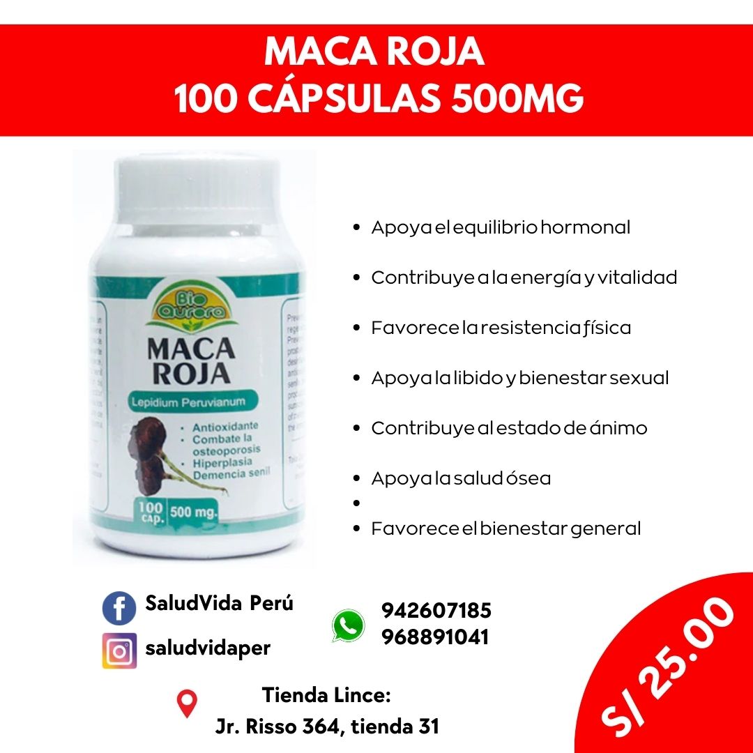MACA ROJA 100 CÁPSULAS 500MG | Fertilidad, Energía, Bienestar hormonal.