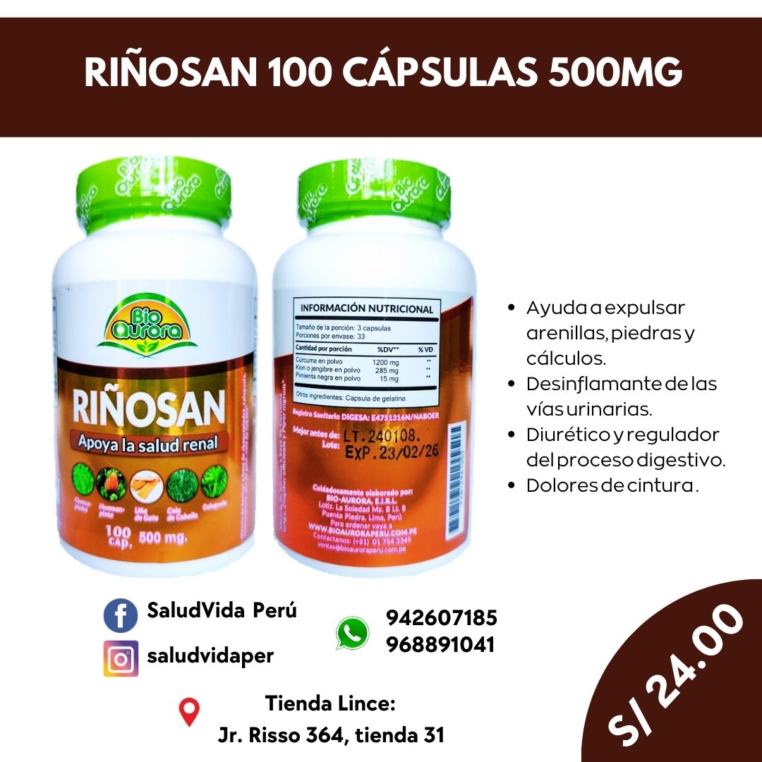 RIÑOSAN 100 CÁPSULAS 500MG | Piedras, Cálculos renales, Vías urinarias, Vejiga. - Salud Vida Peru