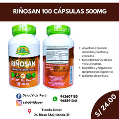 RIÑOSAN 100 CÁPSULAS 500MG | Piedras, Cálculos renales, Vías urinarias, Vejiga. - Salud Vida Peru