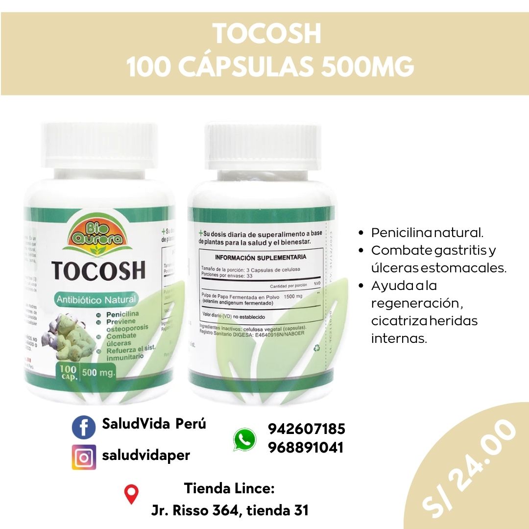 TOCOSH 100 CÁPSULAS 500MG | Antibiótico natural, Energizante, Probiótico, Estómago. - Salud Vida Peru