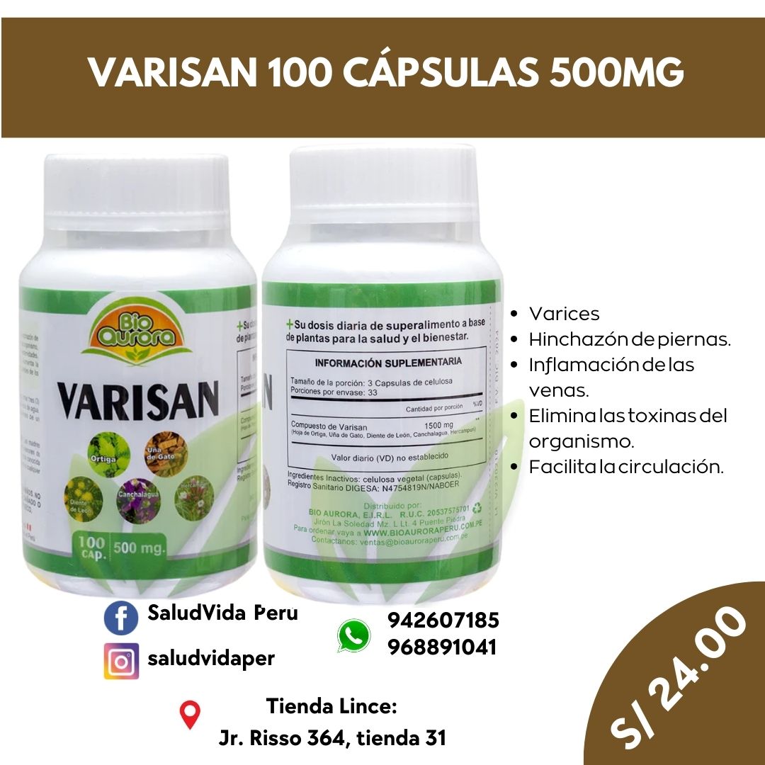 VARISAN 100 CÁPSULAS 500MG | Varices, Hinchazón, Inflamación, Circulación, Reumatismo. - Salud Vida Peru