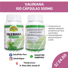 VALERIANA 100 CÁPSULAS 500MG | Insomnio, Depresión, Sedante, Migraña, Estado de ánimo. - Salud Vida Peru