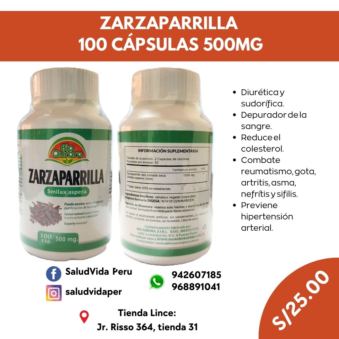 ZARZAPARRILLA 100 CÁPSULAS 500MG | Diurético, Colesterol, Reumatismo, Artritis, Asma, Hipertensión arterial, Menopausia.