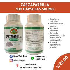 ZARZAPARRILLA 100 CÁPSULAS 500MG | Diurético, Colesterol, Reumatismo, Artritis, Asma, Hipertensión arterial, Menopausia.