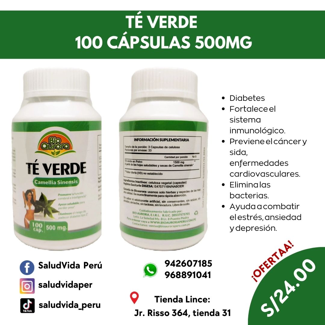 TÉ VERDE 500MG. 100 CÁPS.  | Antioxidante, Cafeína, Antiinflamatorio, Función cerebral.